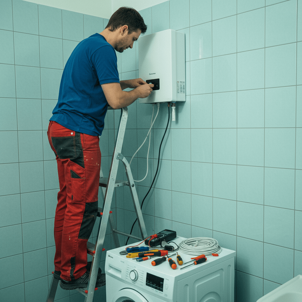 Fachmann bei der Lampenmontage und Durchlauferhitzer anschließen