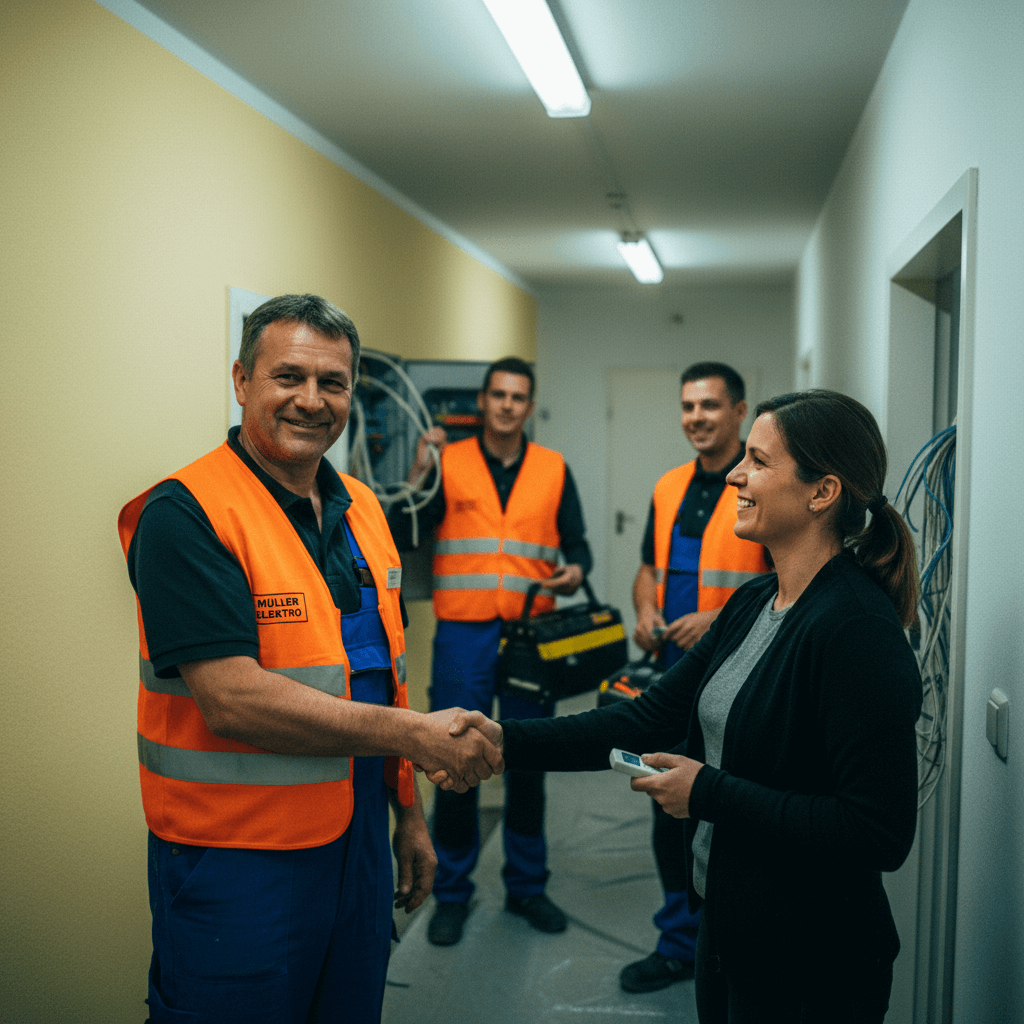 Freundlicher Elektroinstallateur begrüßt einen Kunden mit Handschlag nach erfolgreicher Arbeit